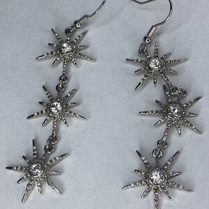 3 Star Sparkle Snowflake Star Drop Earrings 2.5”